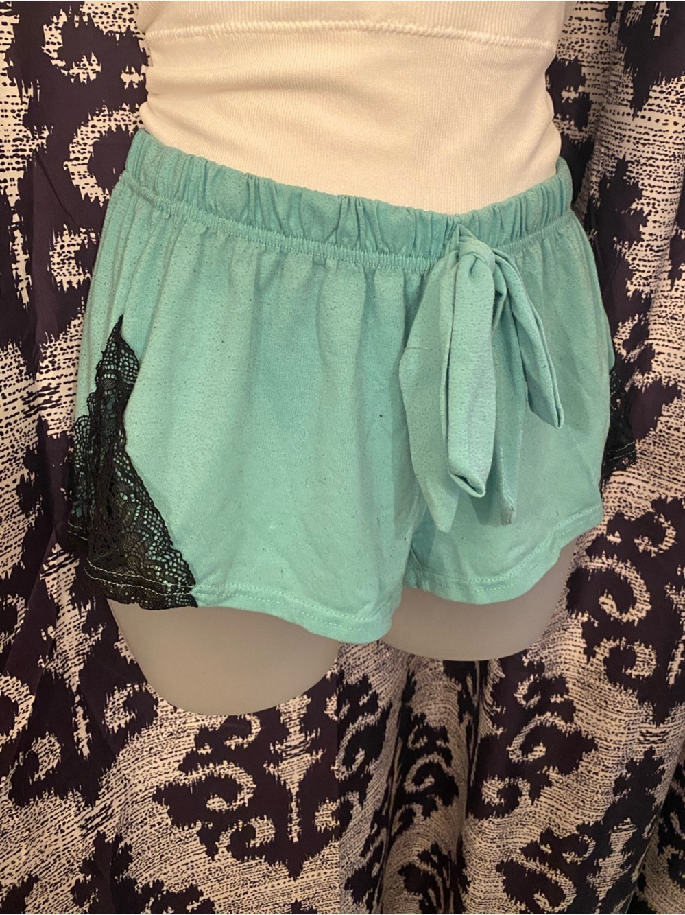 Women's Aqua Lounge Shorts with Black Lace Trim